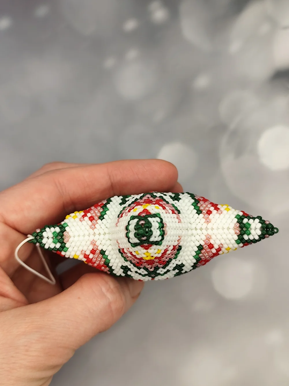 Handmade White Beaded Star Holiday Ornament with Red, Green & Yellow Accents